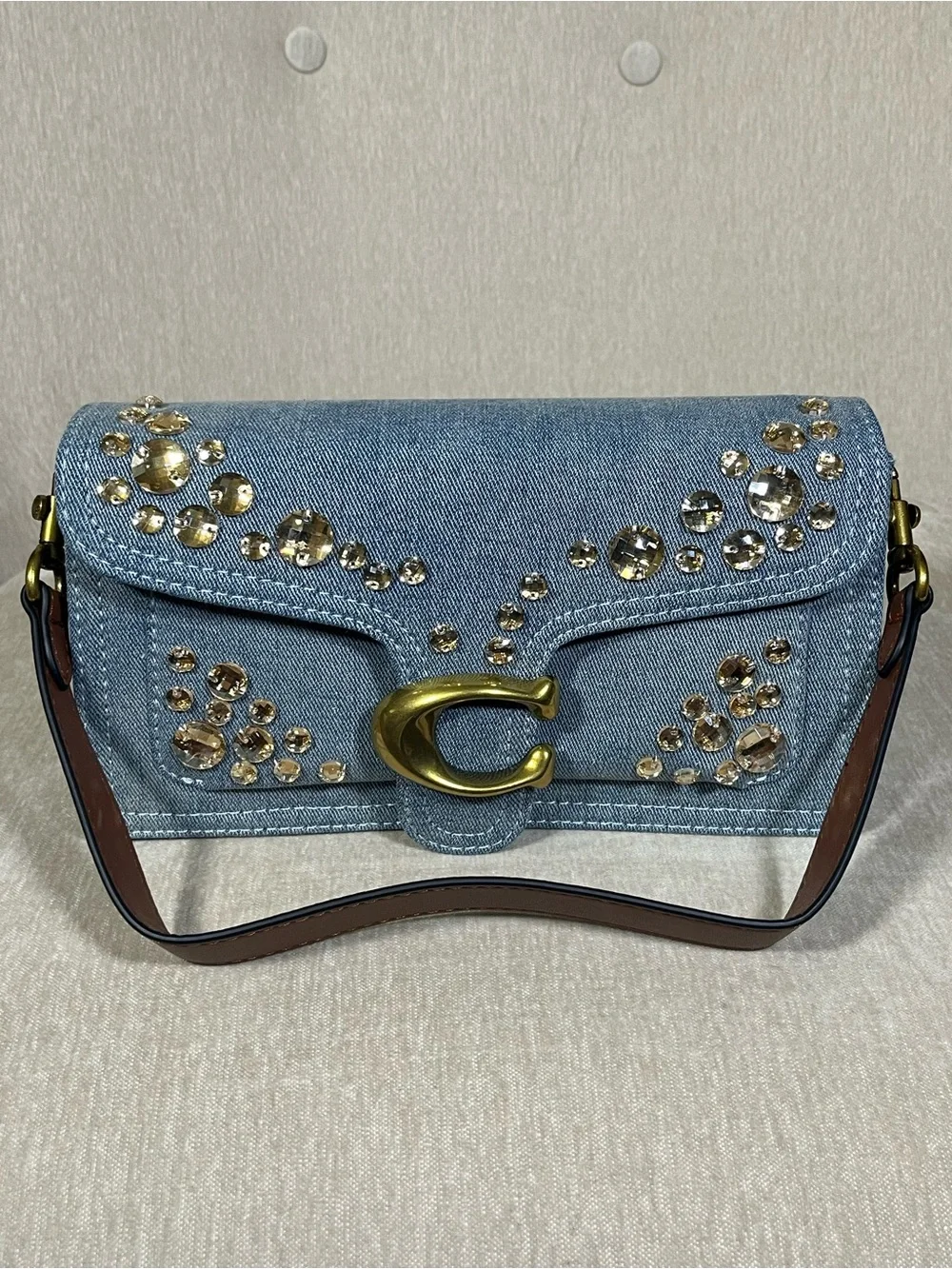 Coach Light Blue Denim Crystal-Embellished Clutch with Gold 'C'